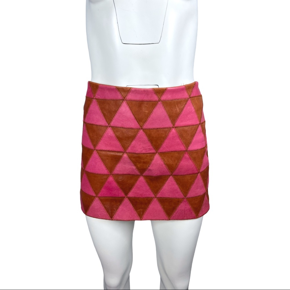 Kelly Wearstler Iraz Leather Mini Skirt- Magenta & Cognac Sz 8 - Picture 2 of 11